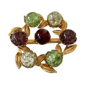 Vintage Multicolor Crackle Glass Bead Gold Tone Leaf Wreath Brooch Riveted
